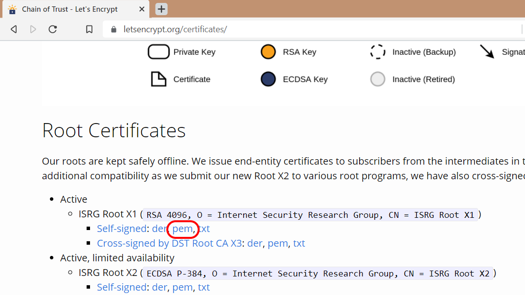 Image showing Let's Encrypt web page with the Root Certificates