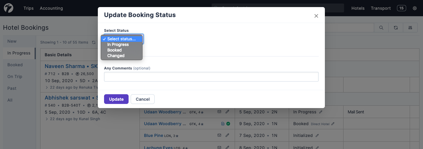 Image showing form to update hotel booking status