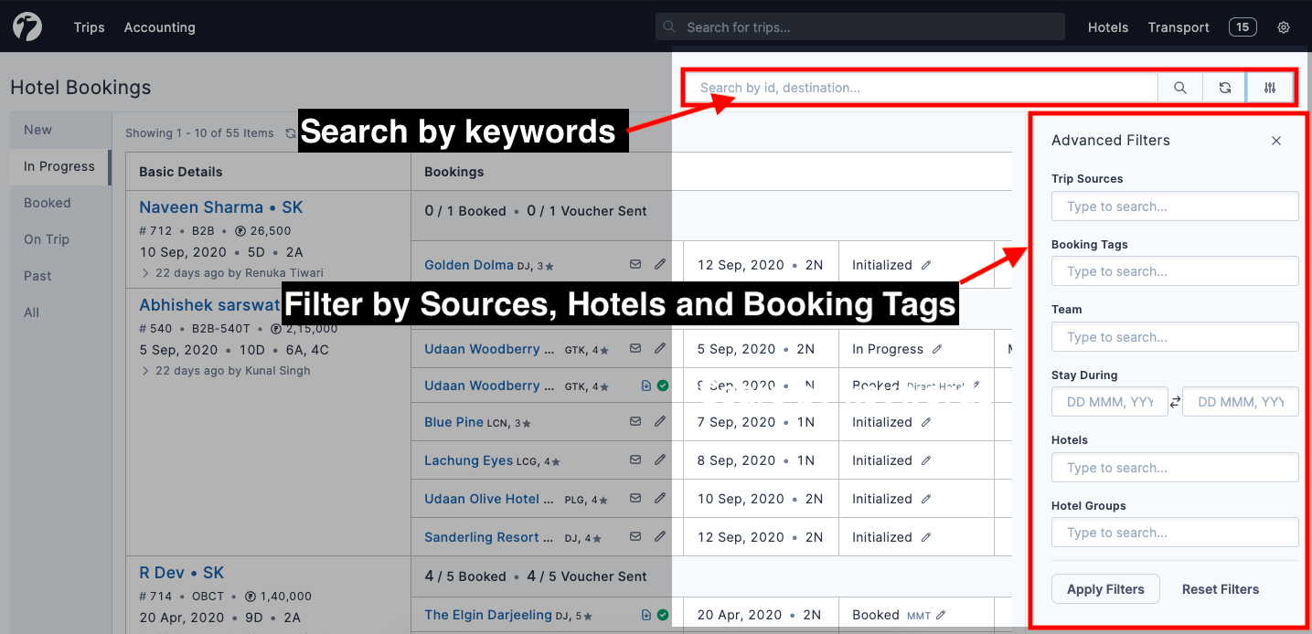 Image showing search and advanced filters on hotel bookings page