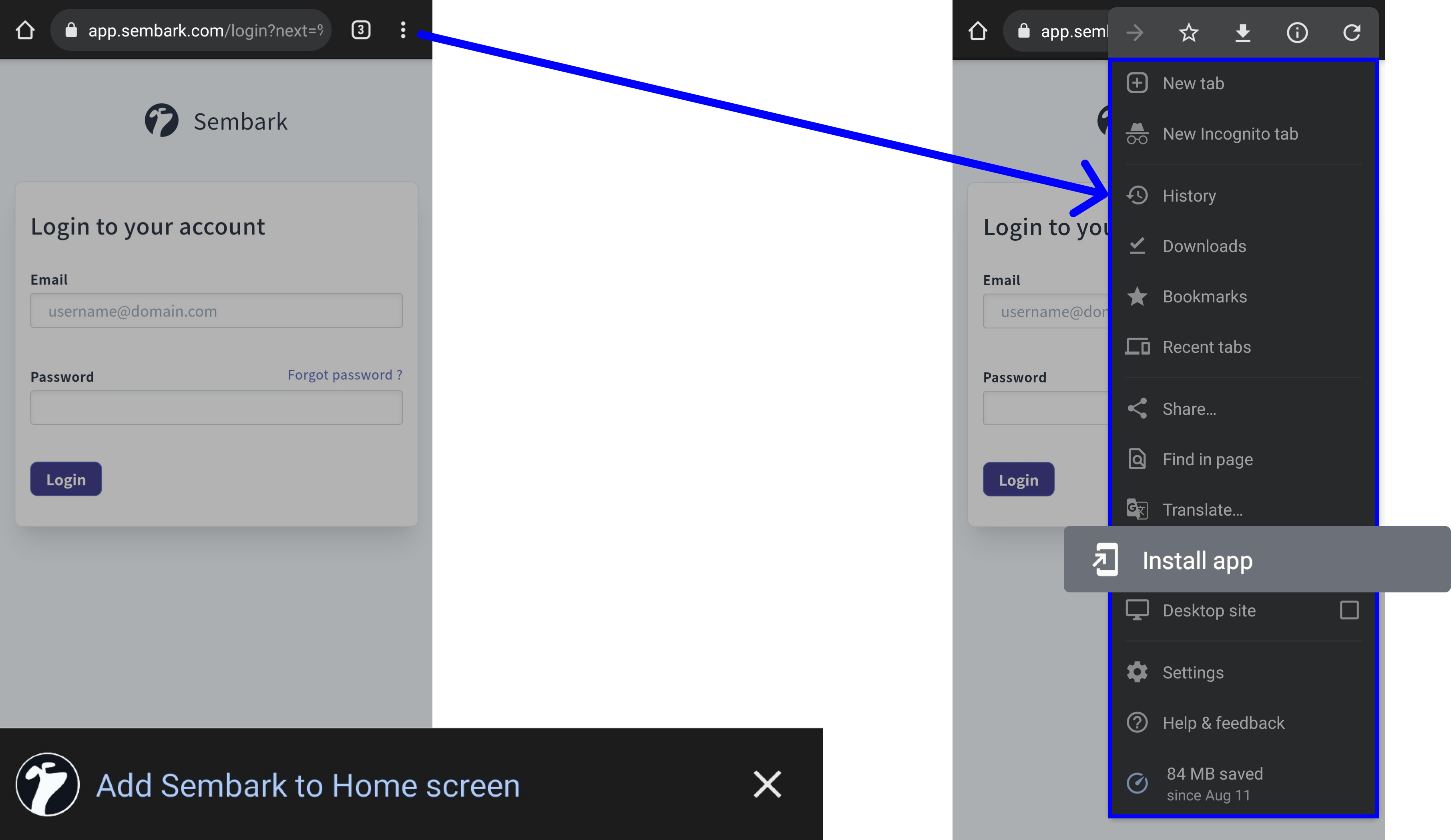 Image showing add to home screen action on Google Chrome on Android Device
