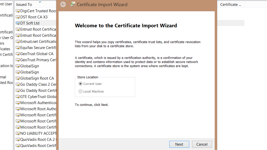 Image showing first step of certificate import wizard