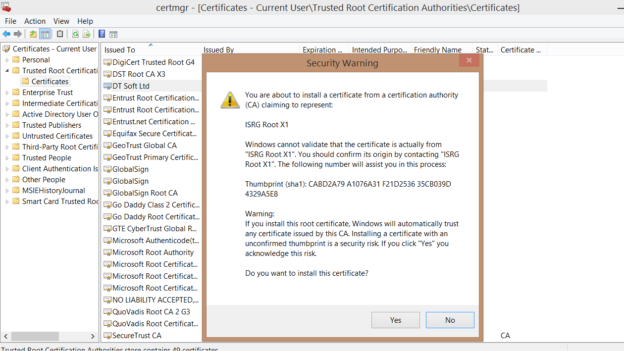 Image showing final security confirmation before certificate install