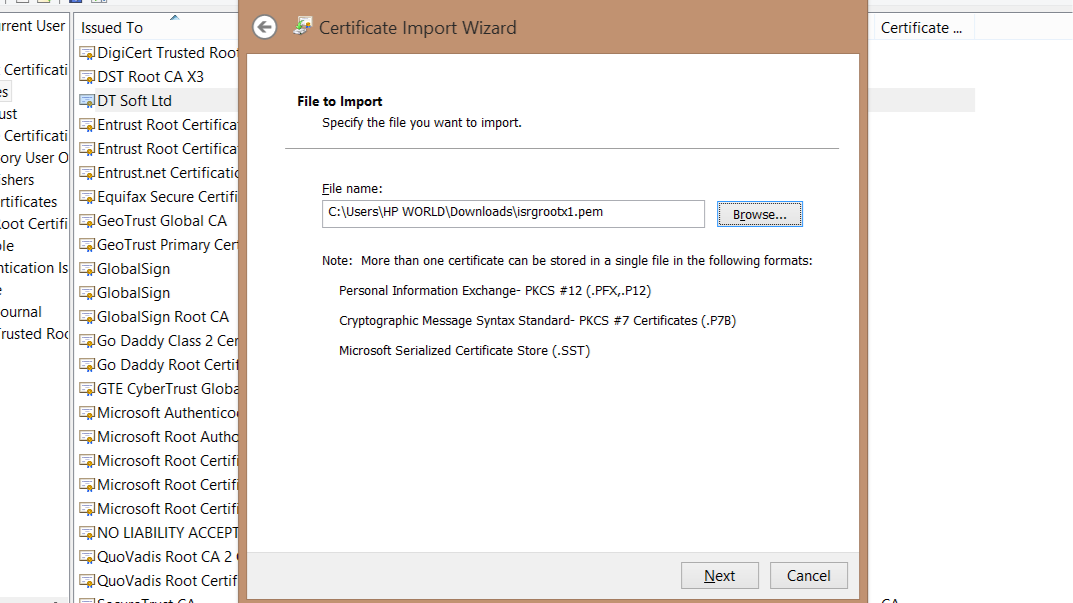 Image showing selected certificate path preview on wizard