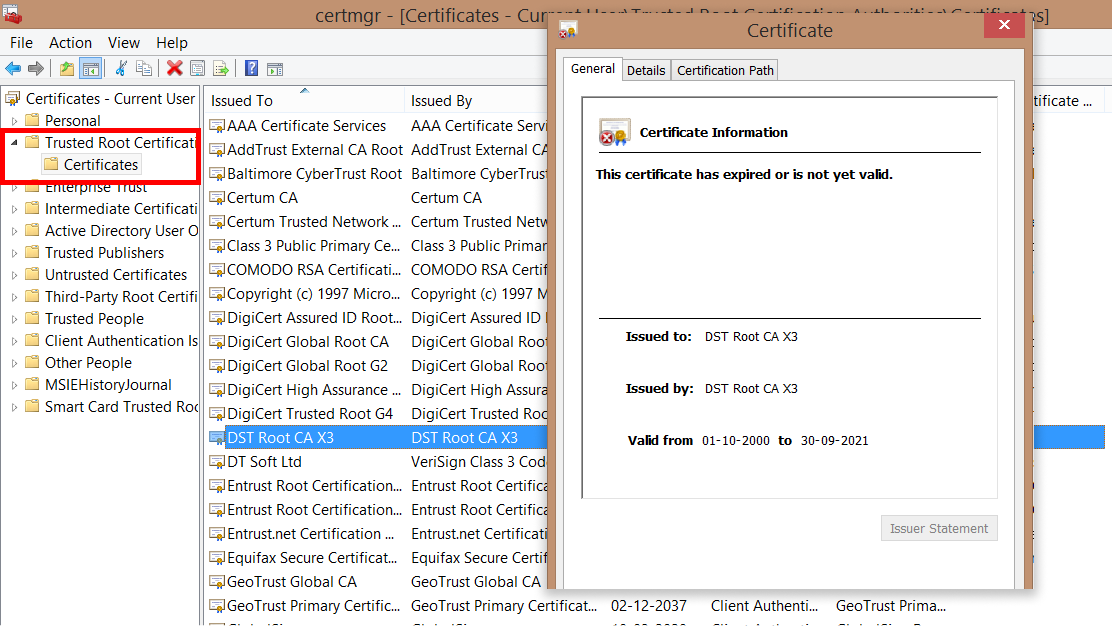 Image showing the expired root certificate on Windows